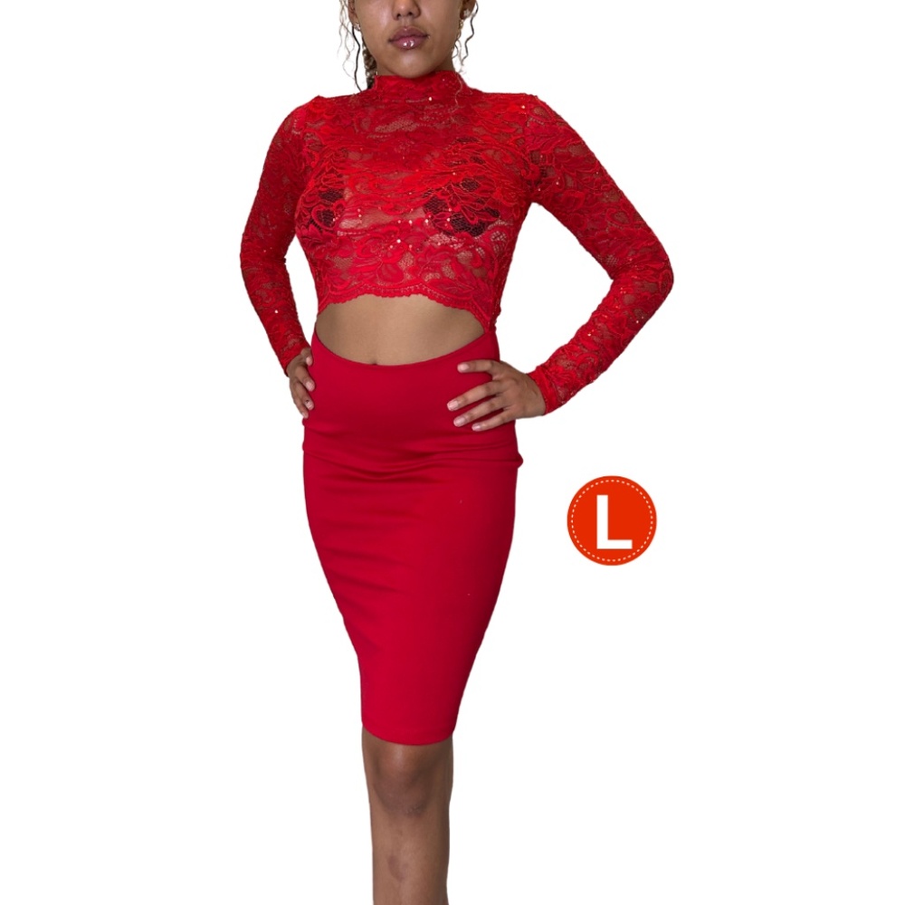 Red lace with hallow cut out and stretch Lycra dinner/party wear